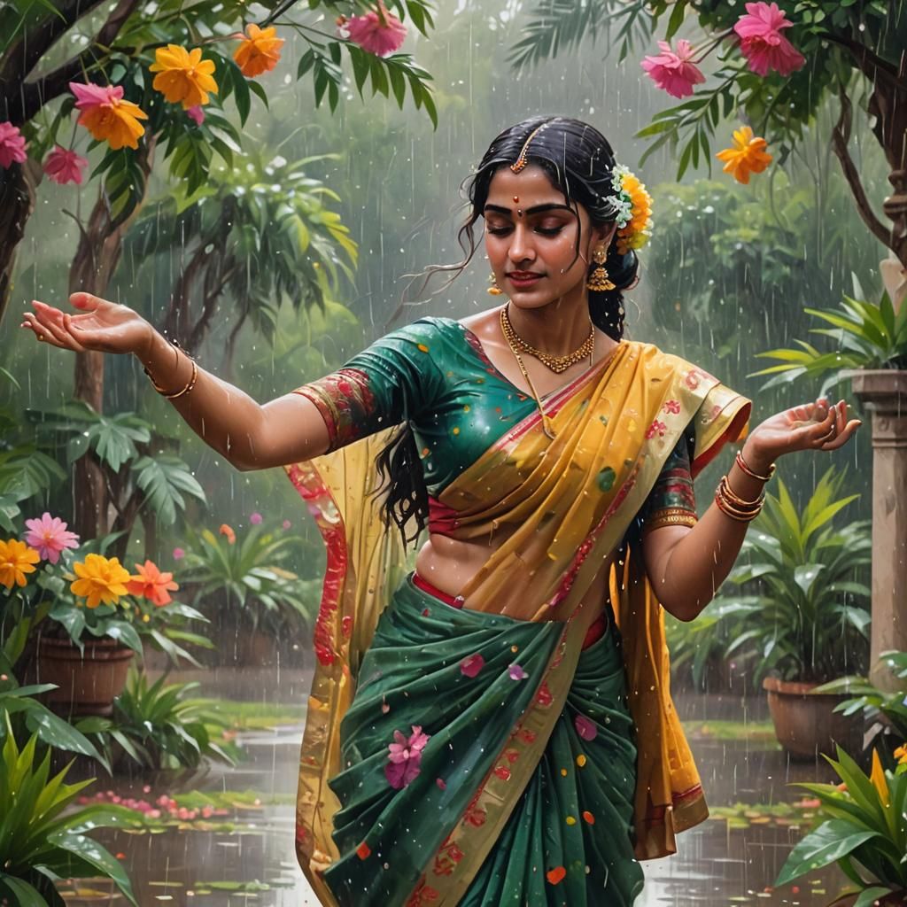 Indian Woman Dancing in the Rain, Impressionist Painting