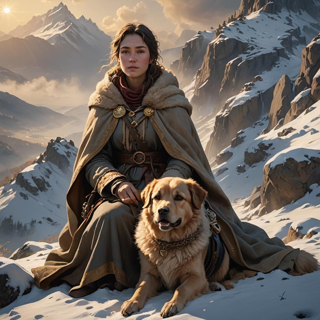 Shepherdess with Dog in Snowy Mountains, 3D Render