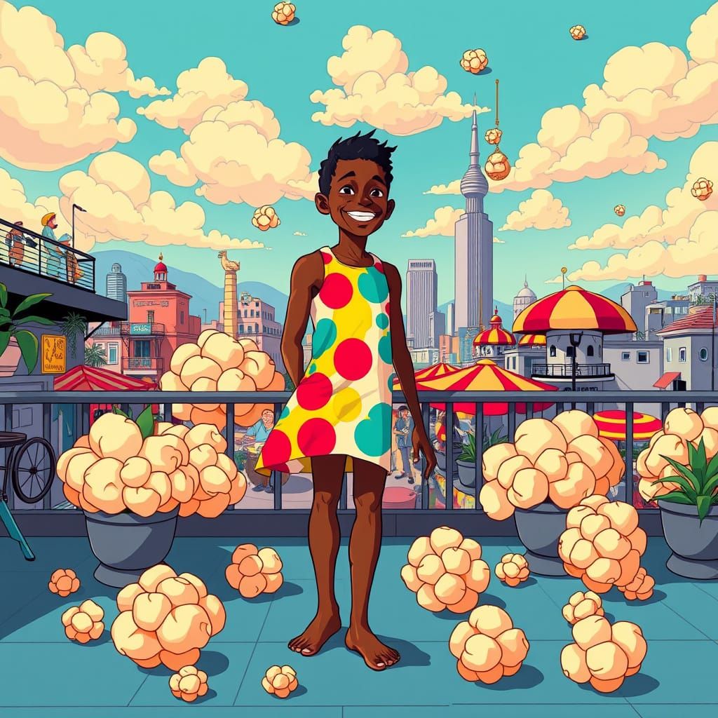 Surreal Cityscape with Smiling Man and Mutated Popcorn