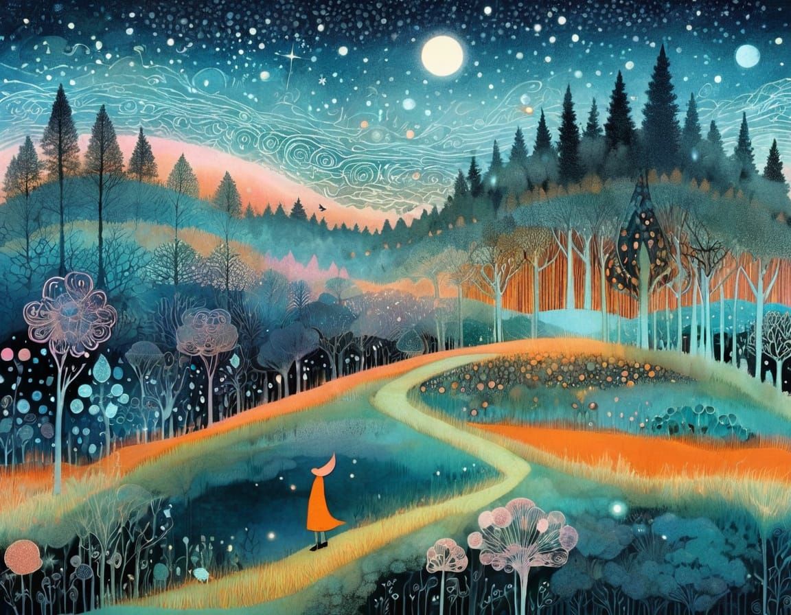 Mysterious Starry Forest in Orange and Pink