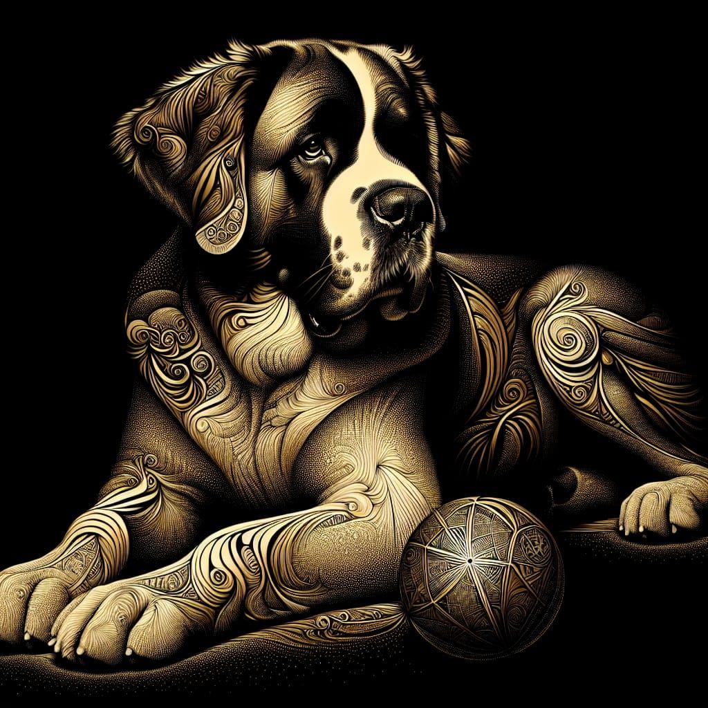 by using gold dust create a full body pose of a 3d St. Bernard dog with captive eyes, a ball beside him, impasto , very ...