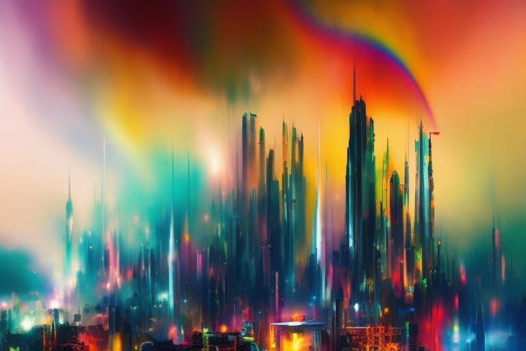 Futuristic City Over Rainbow in Digital Triadic Colors