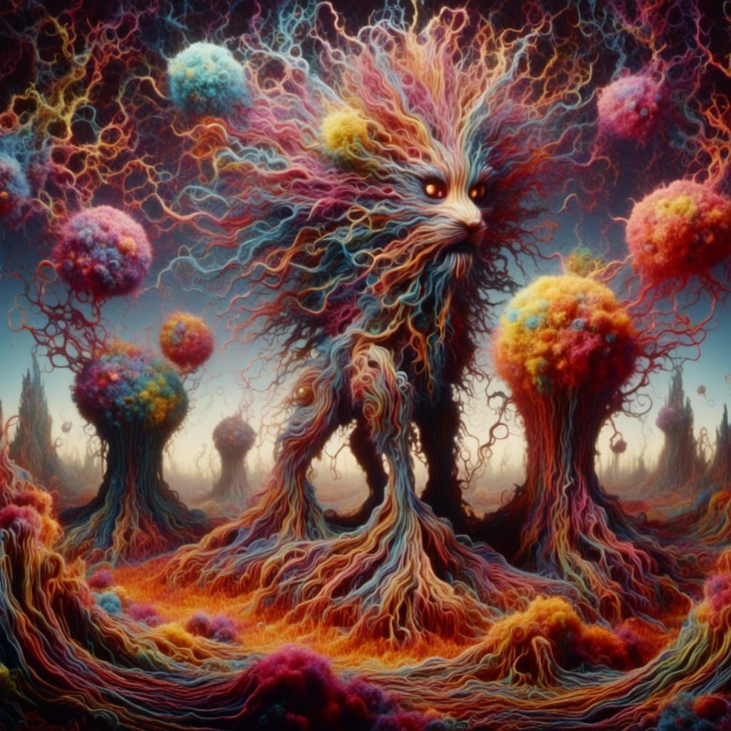 Surreal Landscape with Ent-Lion Hybrid in Dali Style