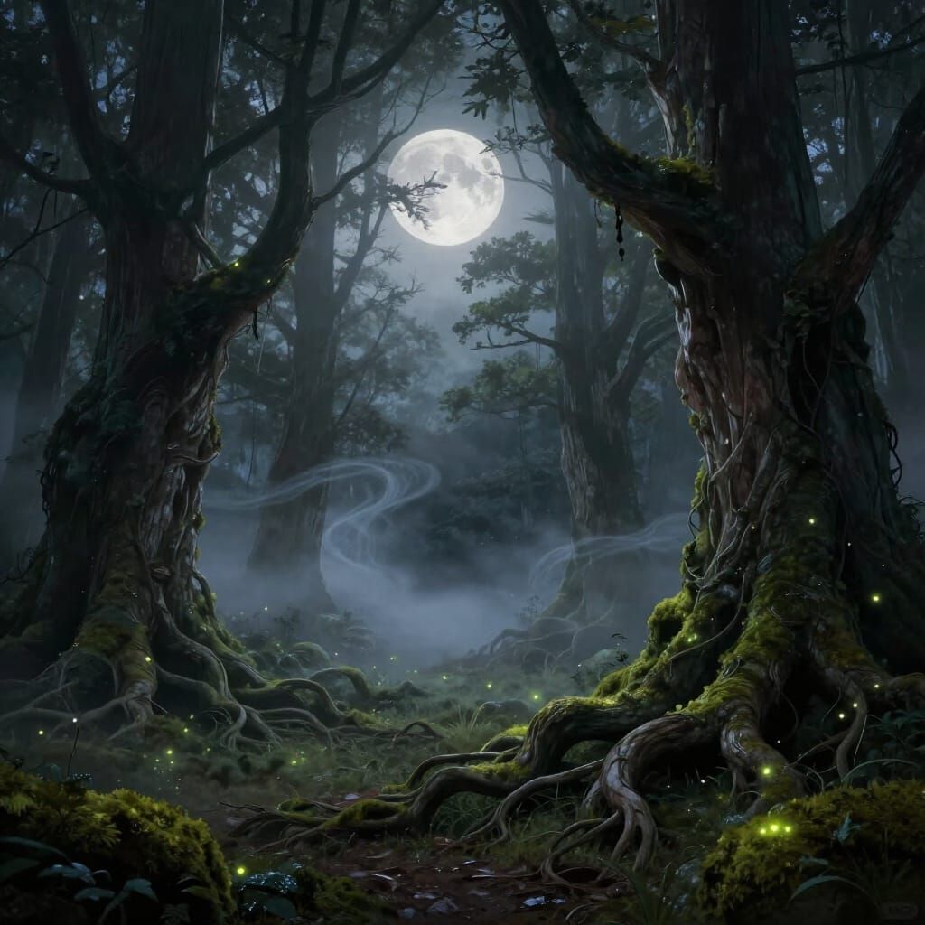 Mystical Moonlit Forest with Glowing Moss and Fireflies