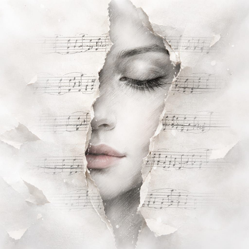 Woman's Face Revealed Through Torn Musical Score in Charcoal...