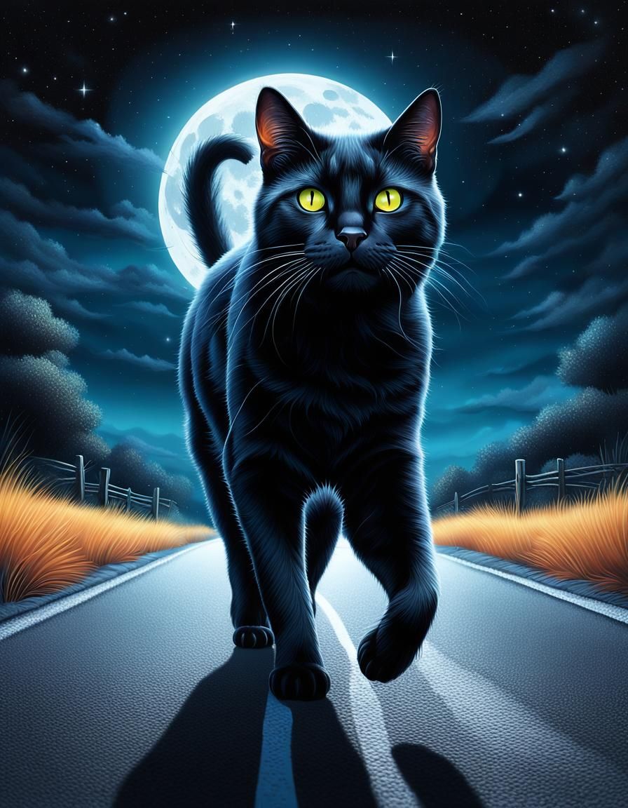 A black cat crossing a road