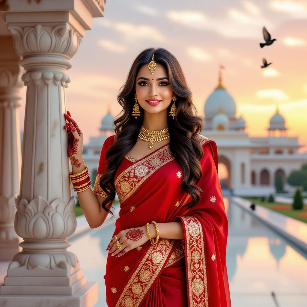 Indian Woman at Akshardham Temple in Golden Hour