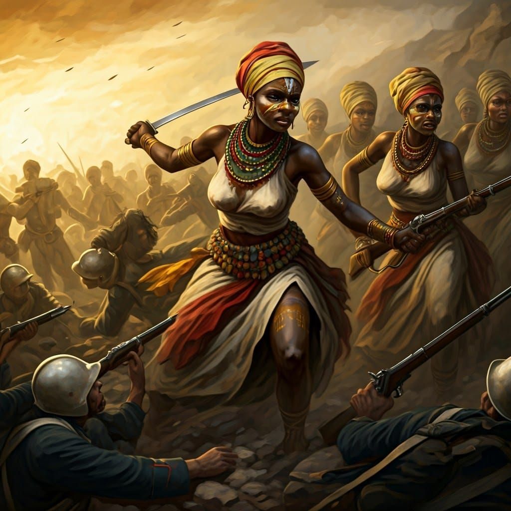 Dahomey Amazons Attack French Soldiers in Art Nouveau Style