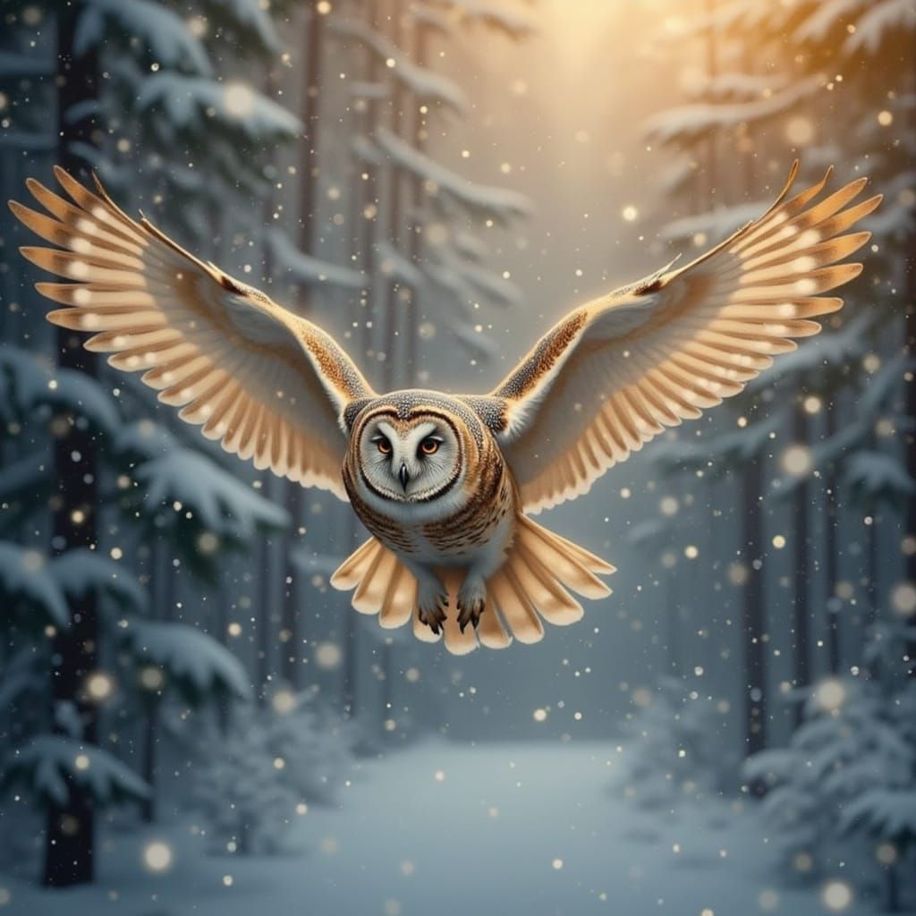 Photorealistic Barn Owl in Snowy Forest at Golden Hour