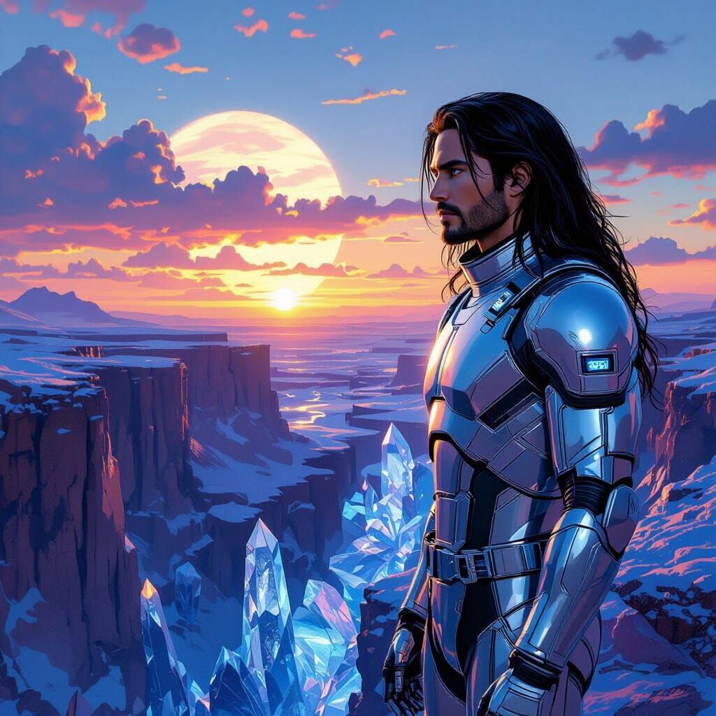 Man in Spacesuit Gazing at Binary Sunset