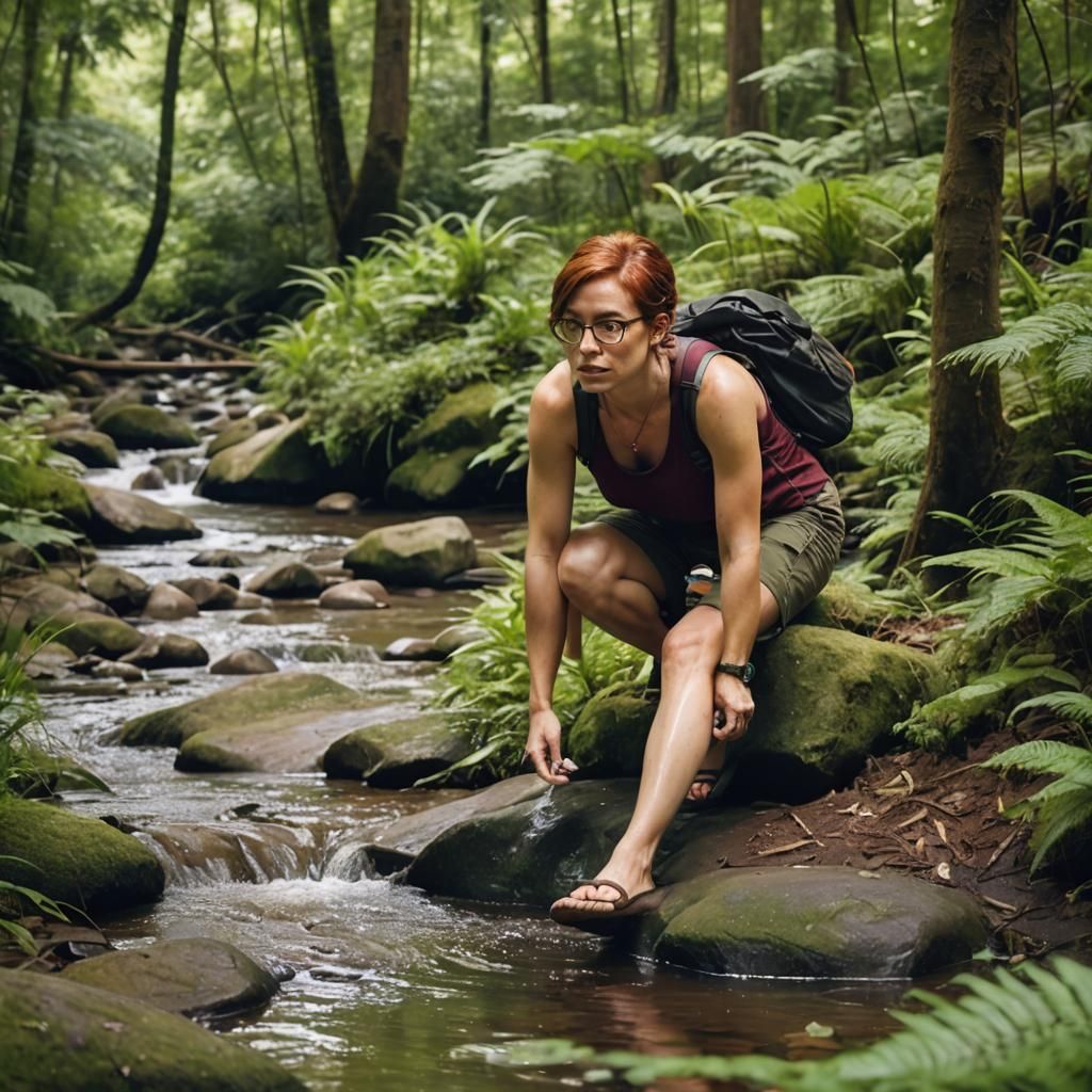 Woman Crouching by Forest Stream