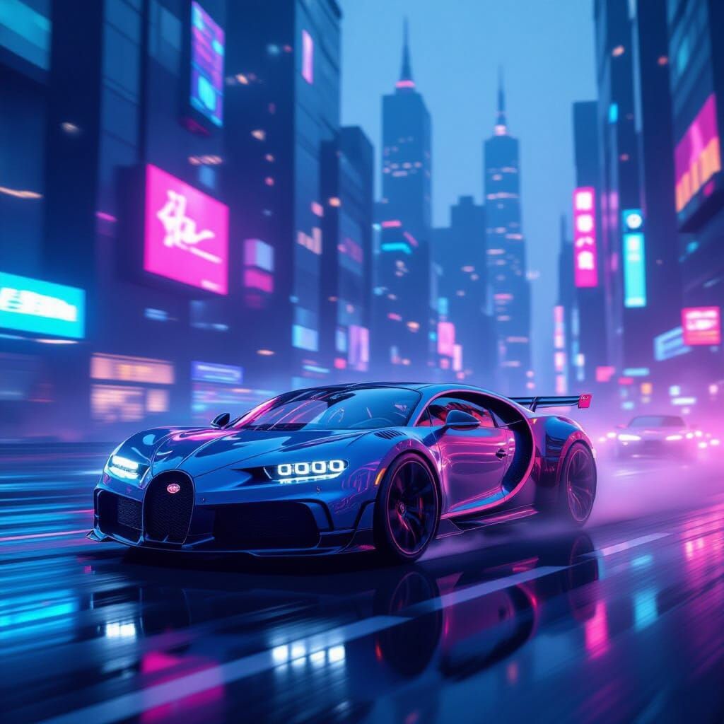 Bugatti Chiron Races Through Neon Cyberpunk City