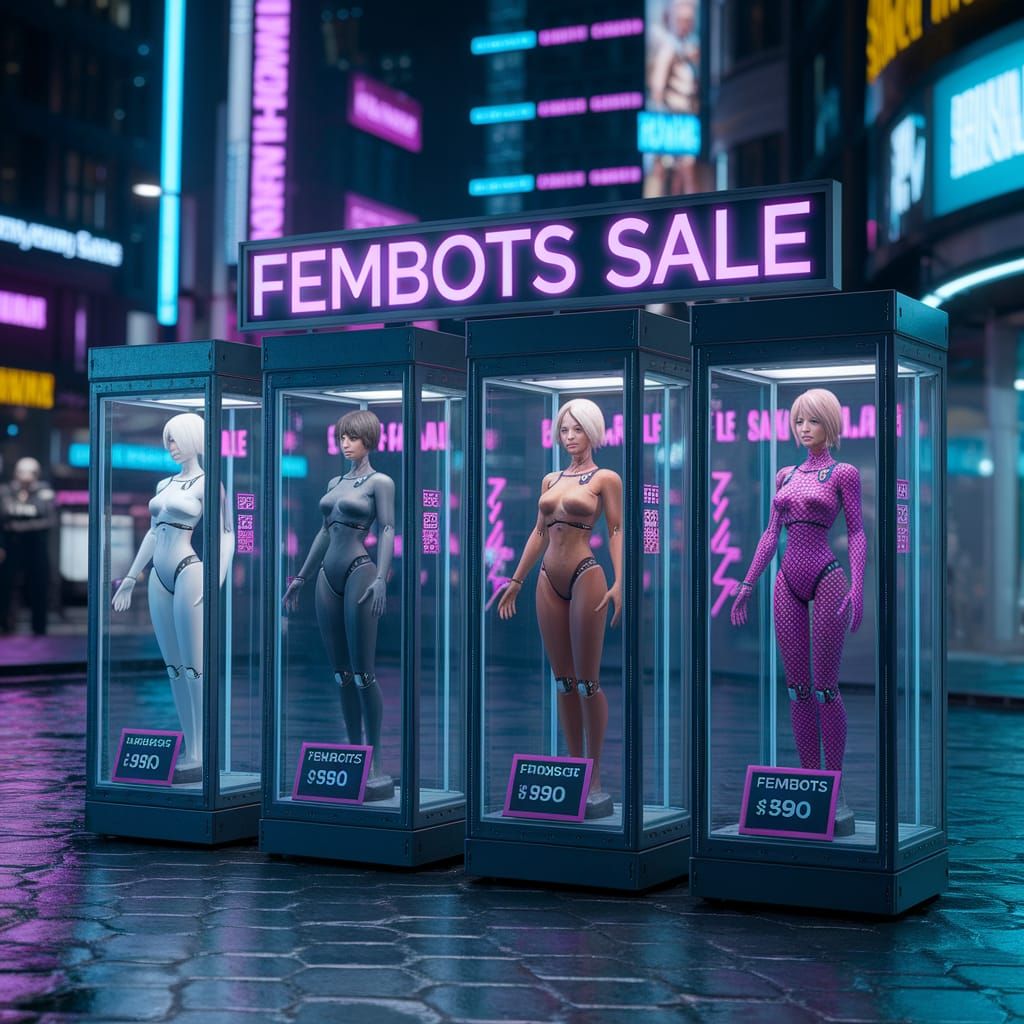 Cyberpunk Fembots For Sale in City Street Display Boxes