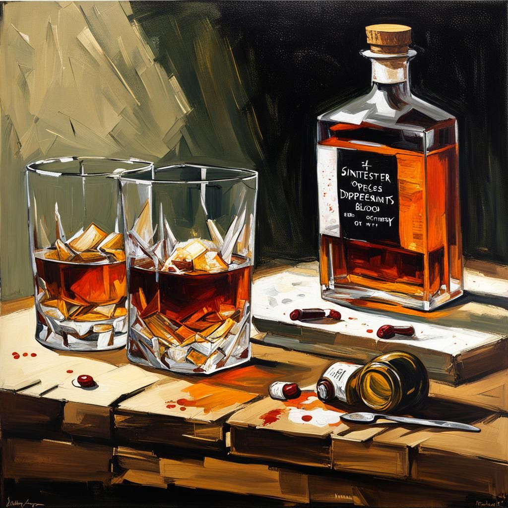 Sinister Oil Painting: Blood, Whisky, and Pills
