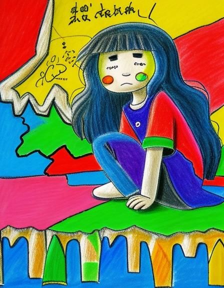 Sad Face Crayon Drawing in Naive Art Style