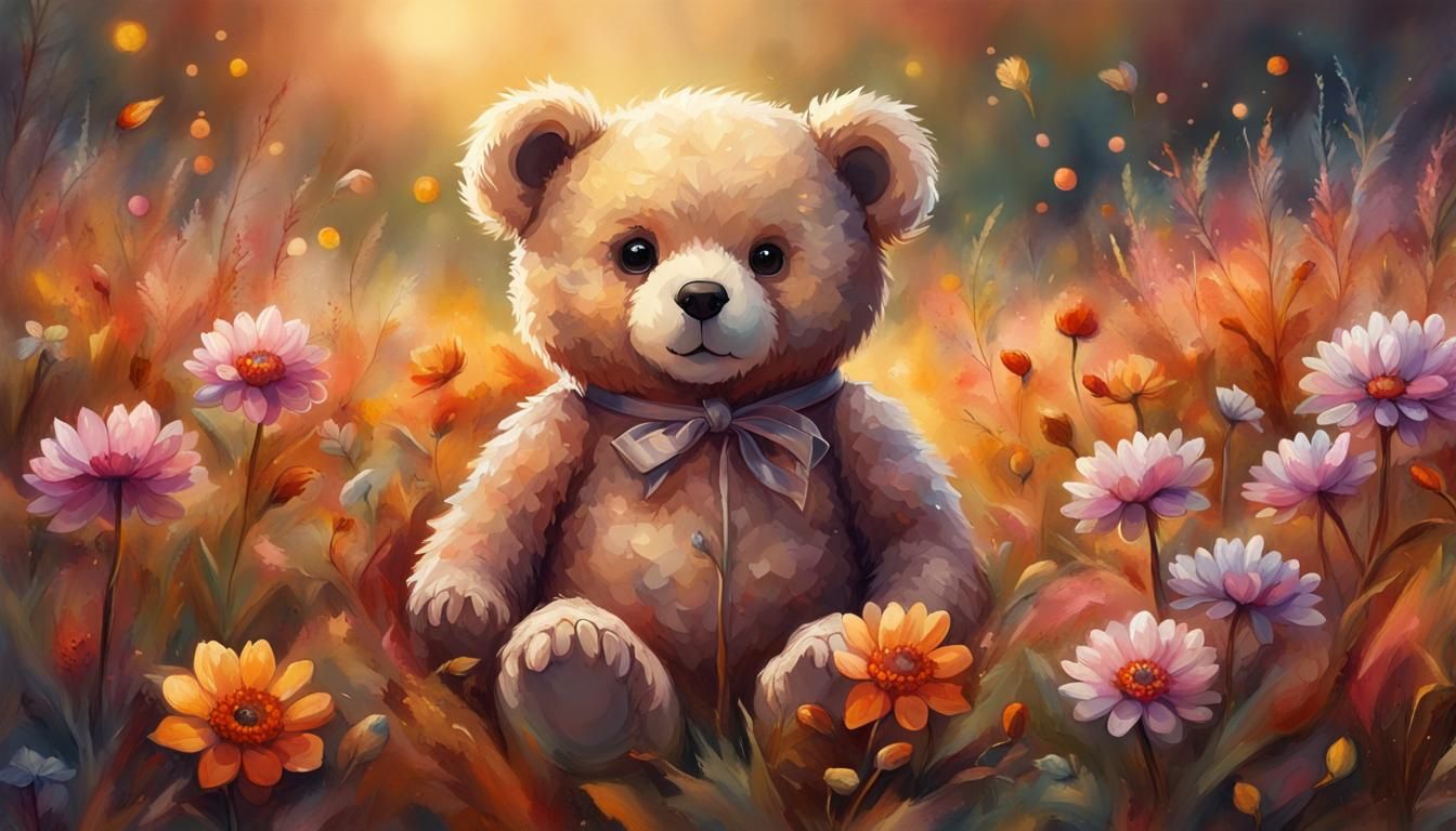 Teddy Bear in Autumn Flower Field, Detailed Painting