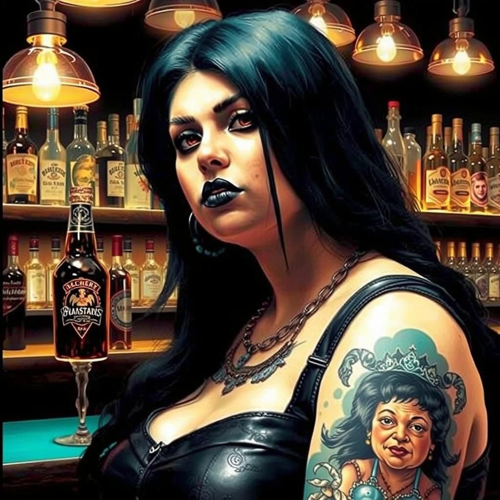 Goth Woman in Biker Bar with Tattoo Portrait