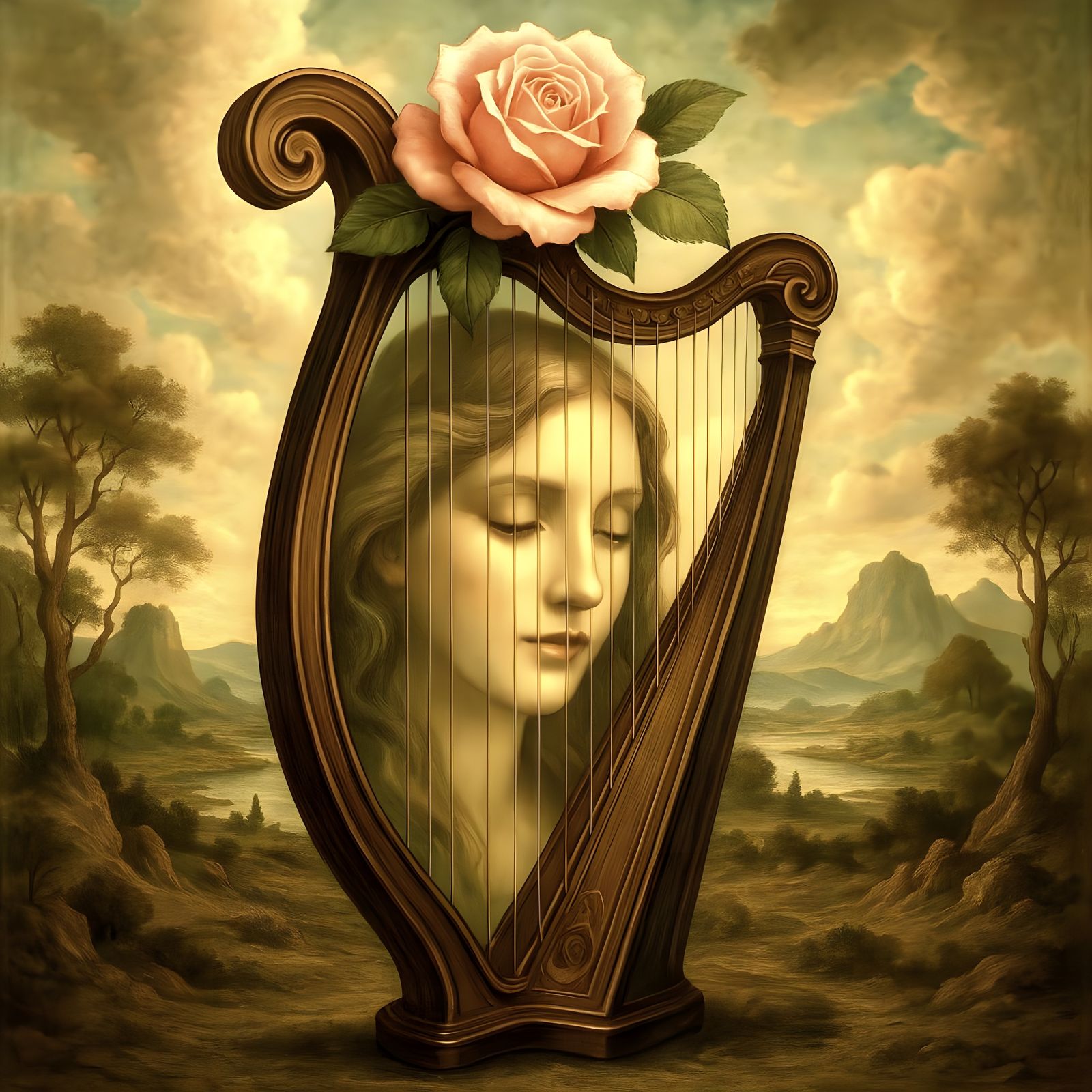 Surreal Reflection: Woman's Face in Harp, Digital Art