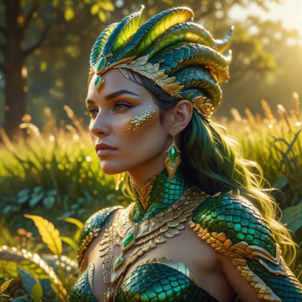 Serpent Queen in Sunlit Meadow, Digital Art