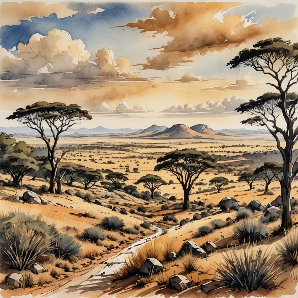 South African Savannah in Pen and Watercolour