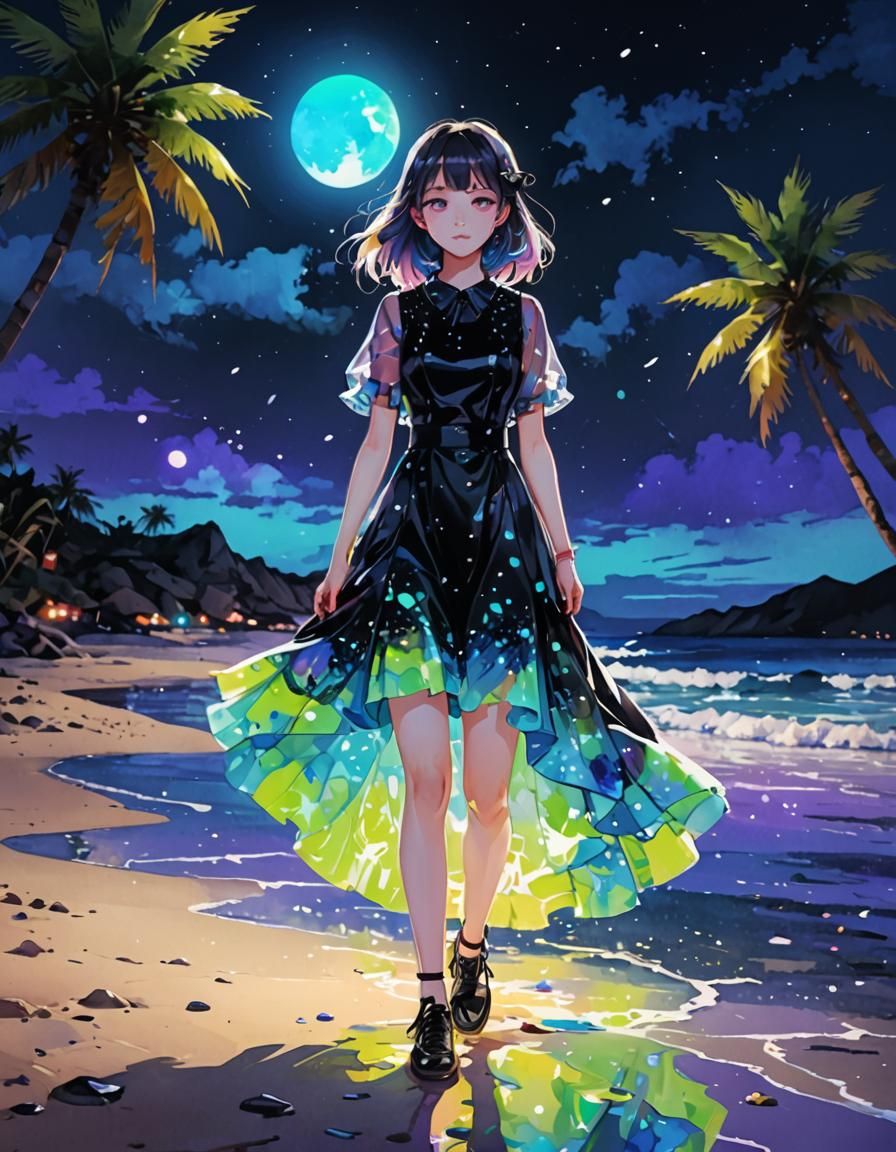 Beach Seashore Scene with Holographic Watercolor Art