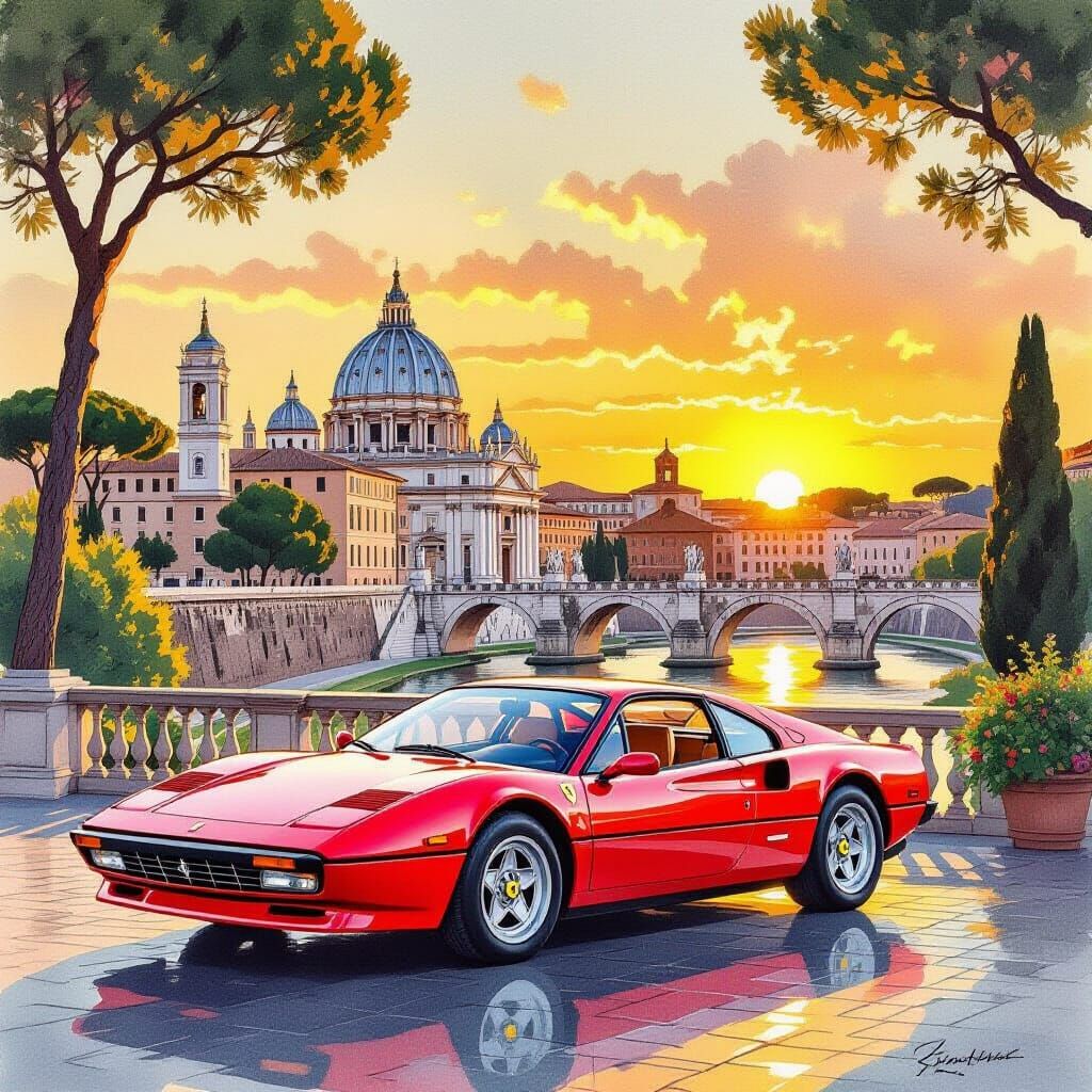 Ferrari at Sunrise in Rome, Watercolor Painting