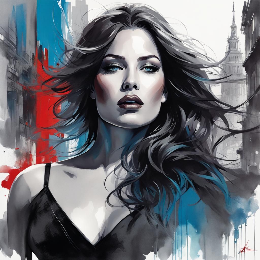 Detailed Line Art Portrait with Watercolor Accents