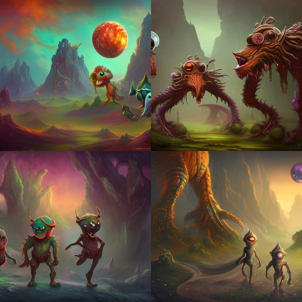 Cartoon Creatures Explore Planet in Detailed Digital Art