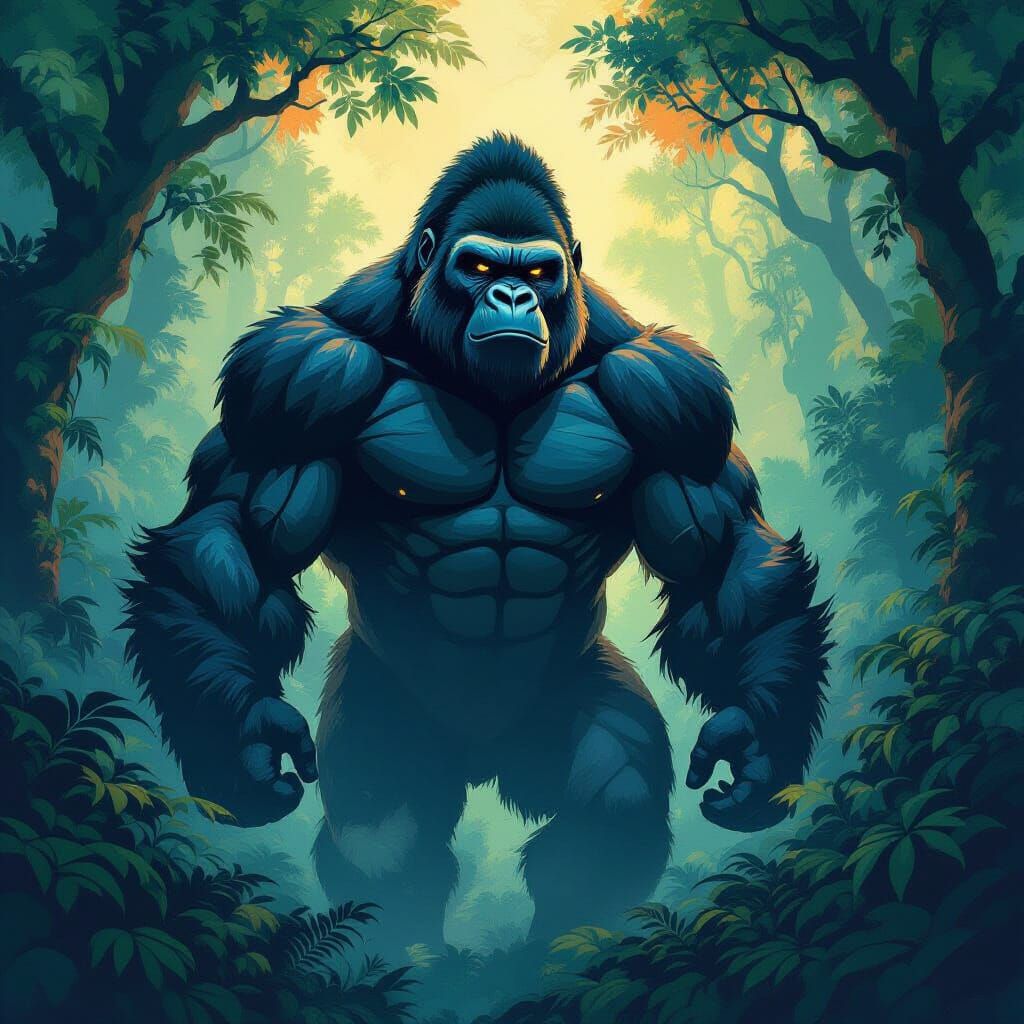Colossal Gorilla Above Emerald Forest in Abstract Style