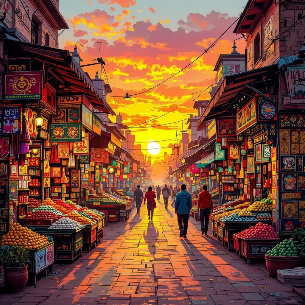 Indian Market in Madhubani Style with Graffiti Elements