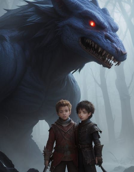 Boy and Giant Monster Friend in Dreamlike Fantasy Art