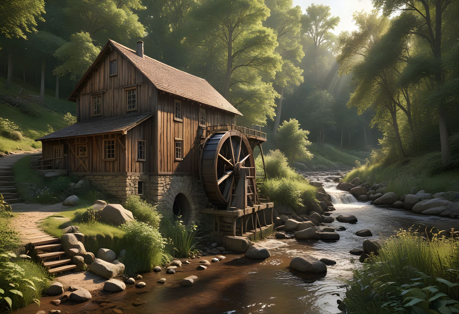 Rustic Mill by Flowing Creek in Lush Woods