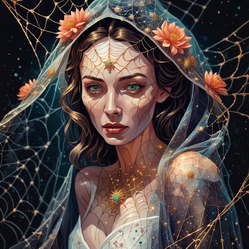 Bride in Spiderweb Veil at Night as Gouache Painting