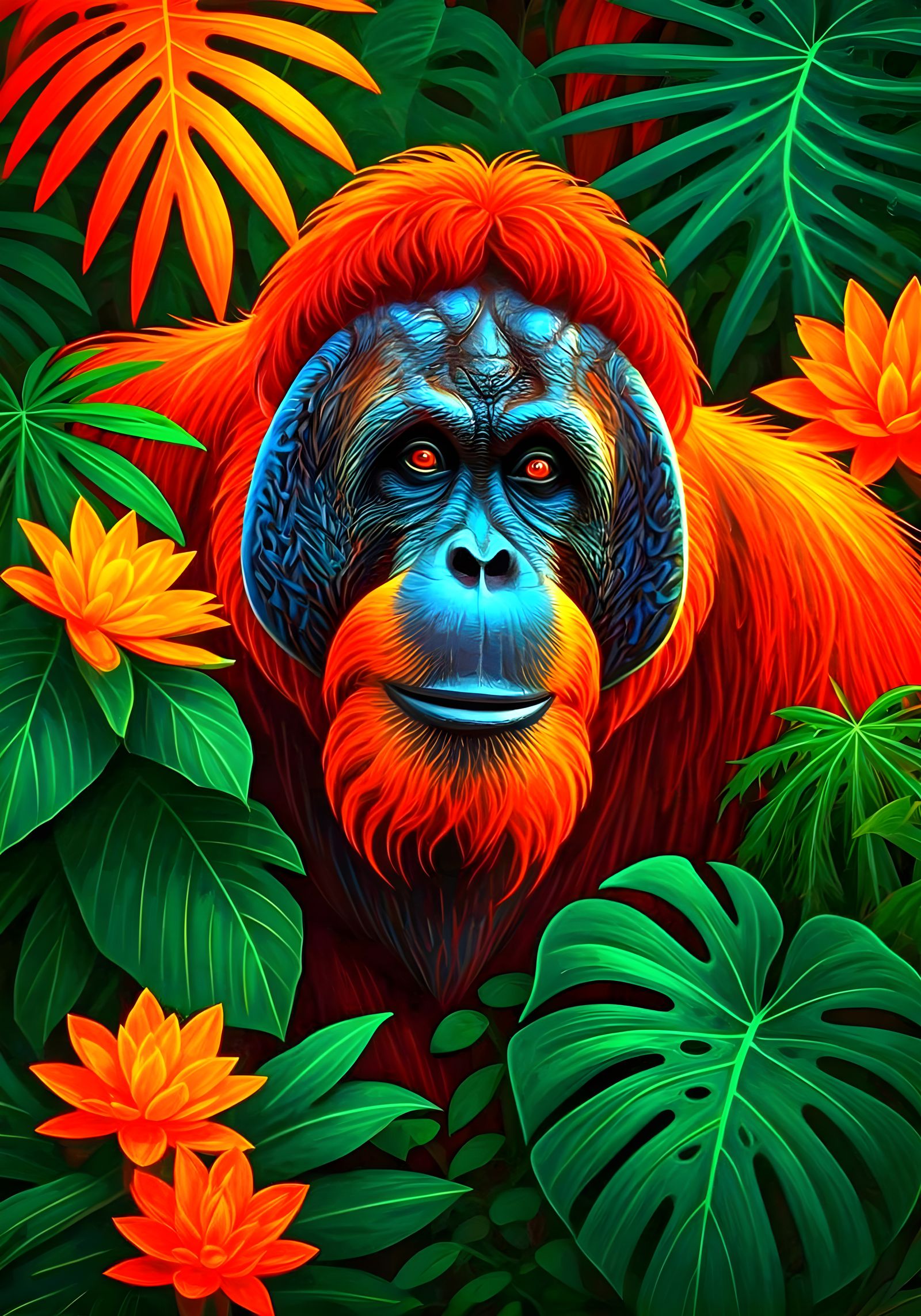 Neon Orangutan Portrait in Lush Jungle Setting