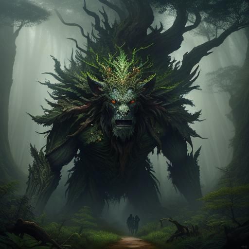 Humanoid Forest Elemental Moving Through Trees