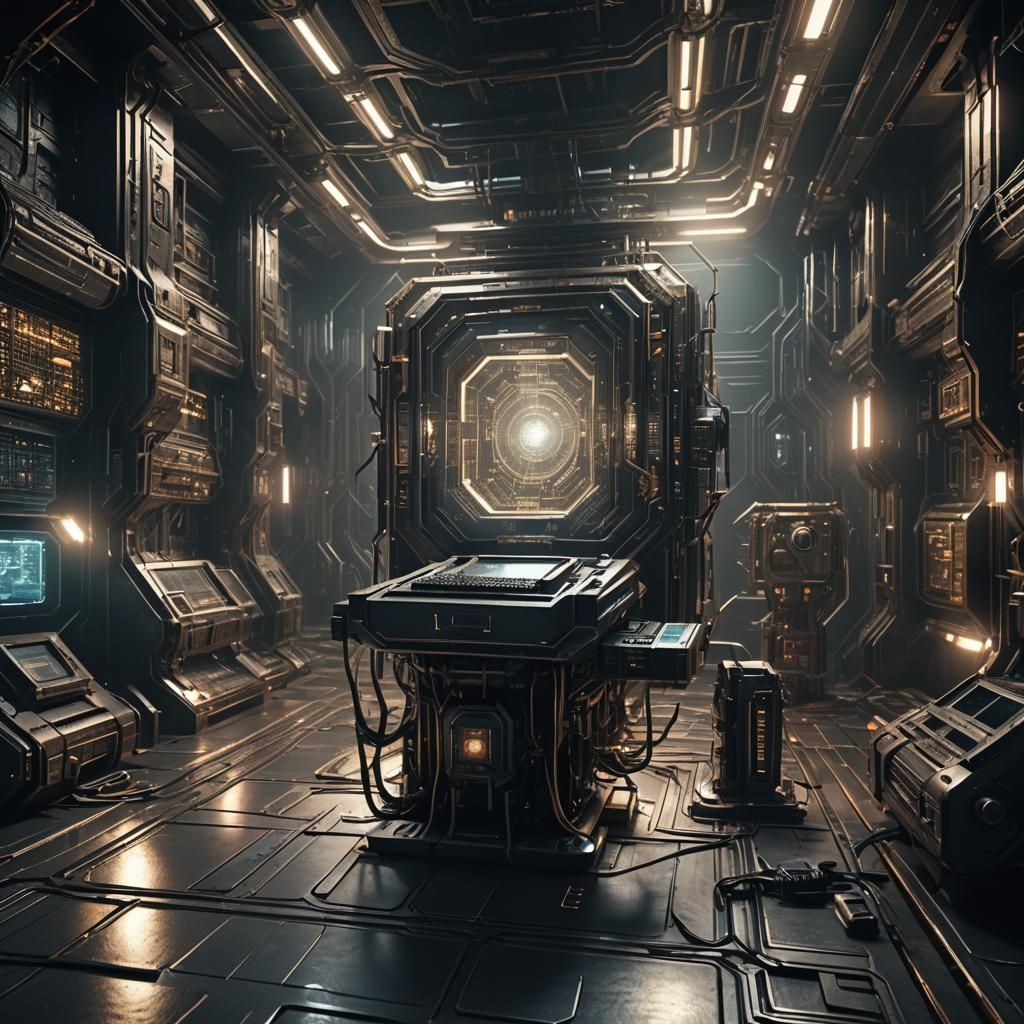 Futuristic Sci-Fi Ancient Computer in Dimly Lit Chamber