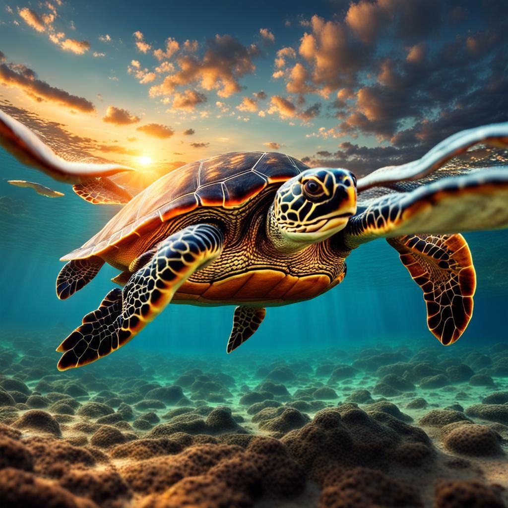 Turtle Swimming in Hyperrealistic Sunset Scene