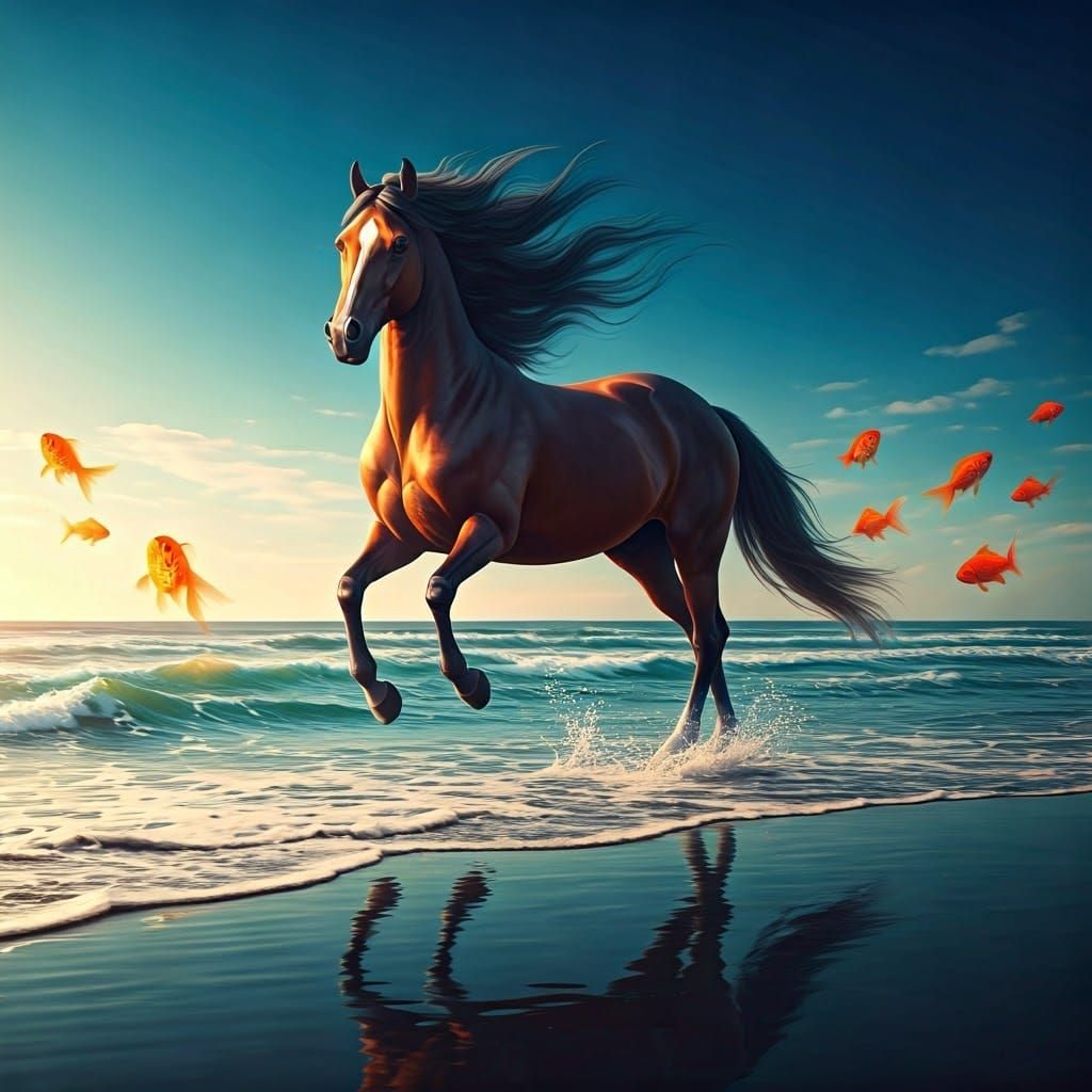 Horse on Beach with Floating Goldfish, Matte Painting Style