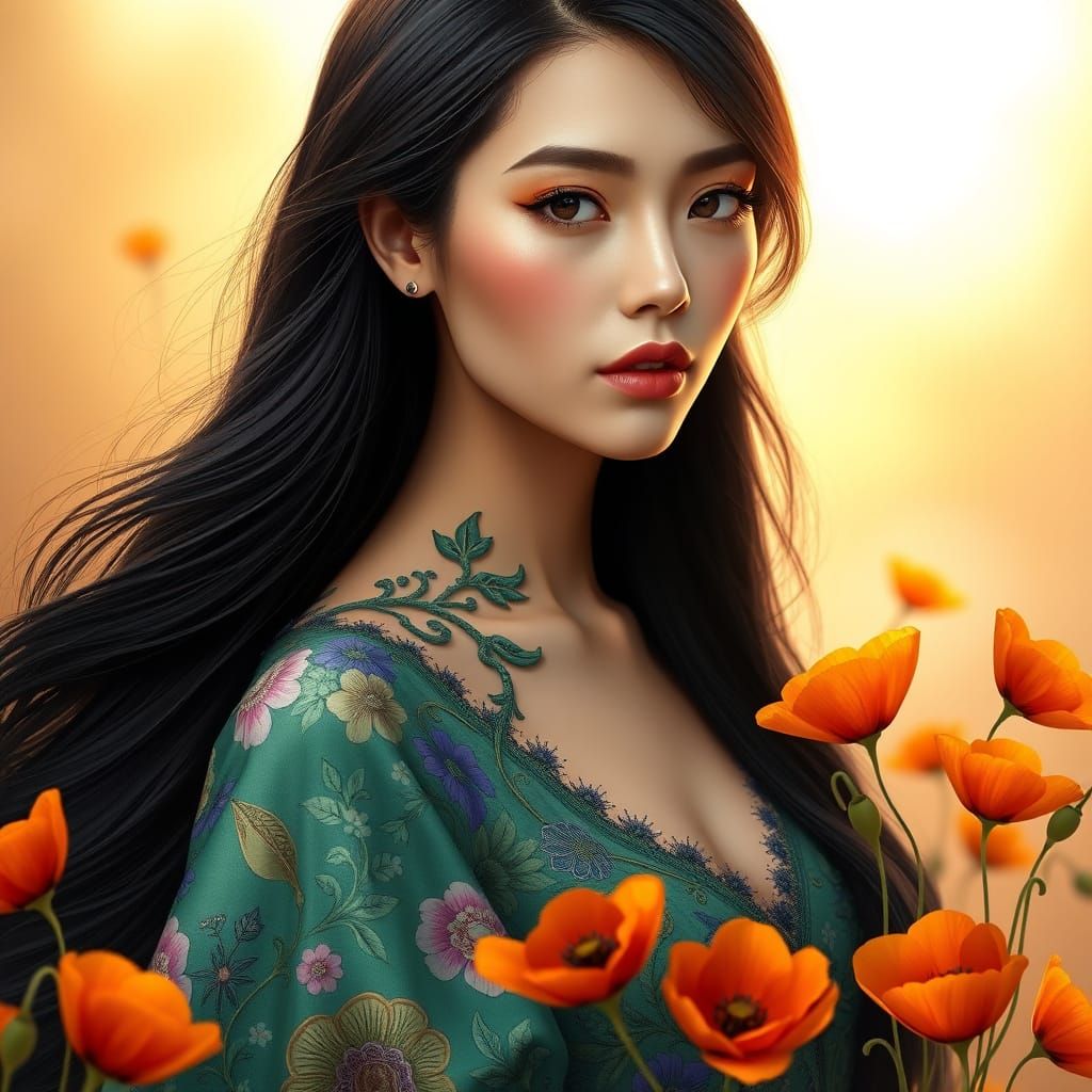 Serene Woman in Emerald Floral Gown Amidst Vibrant Orange Po...