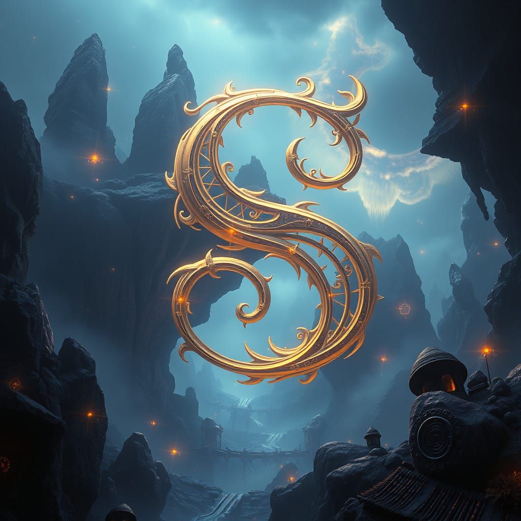 Surreal Golden Letter S in Fantastical Matte Painting