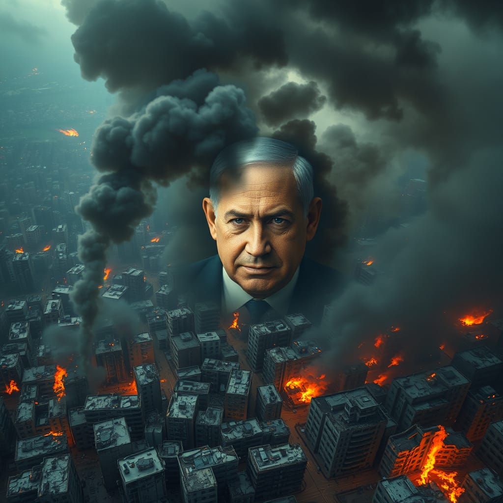 War-Torn Metropolis in Dystopian Ruin, Netanyahu's Face Emer...