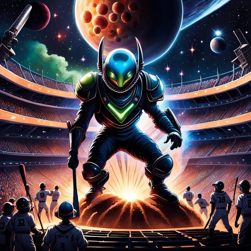 Alien Batter in Starry Space Baseball Game