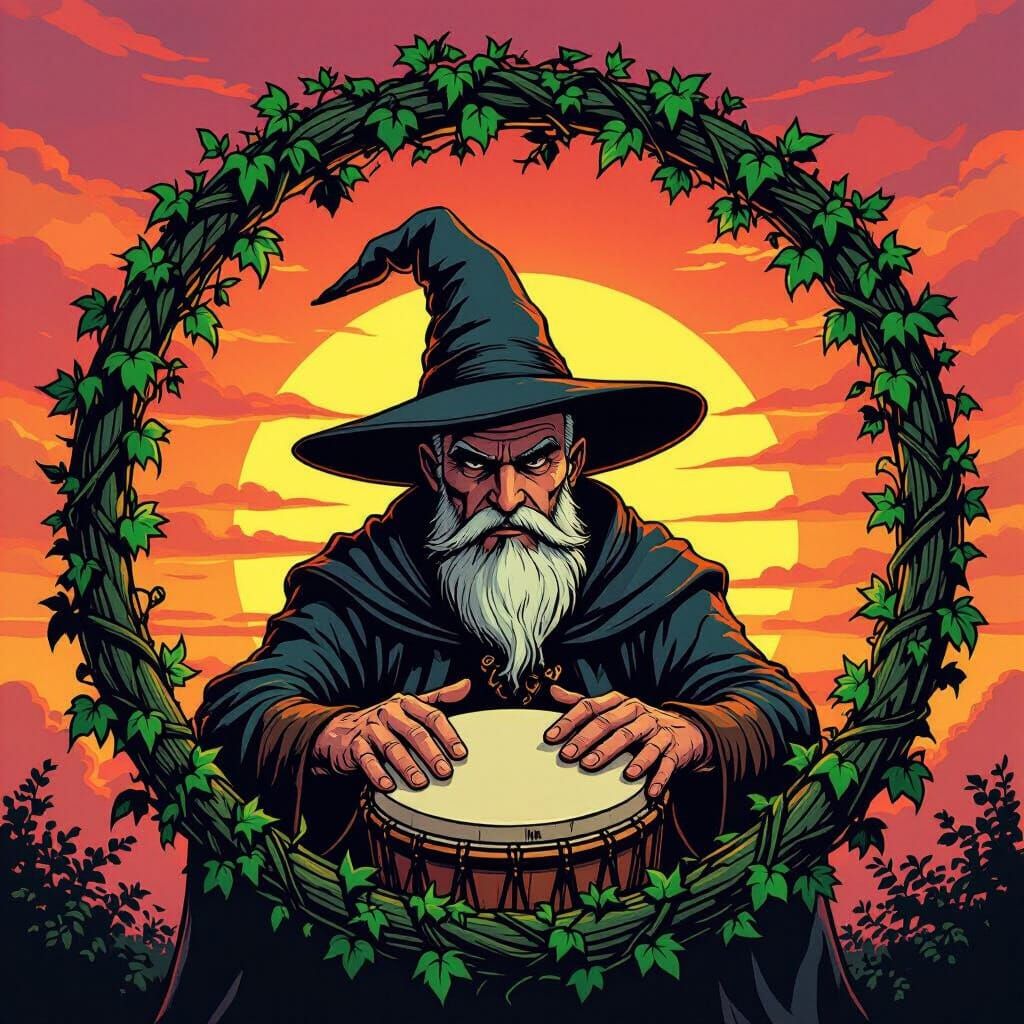 Wizard Playing Drum at Sunrise in Retro Comic Style