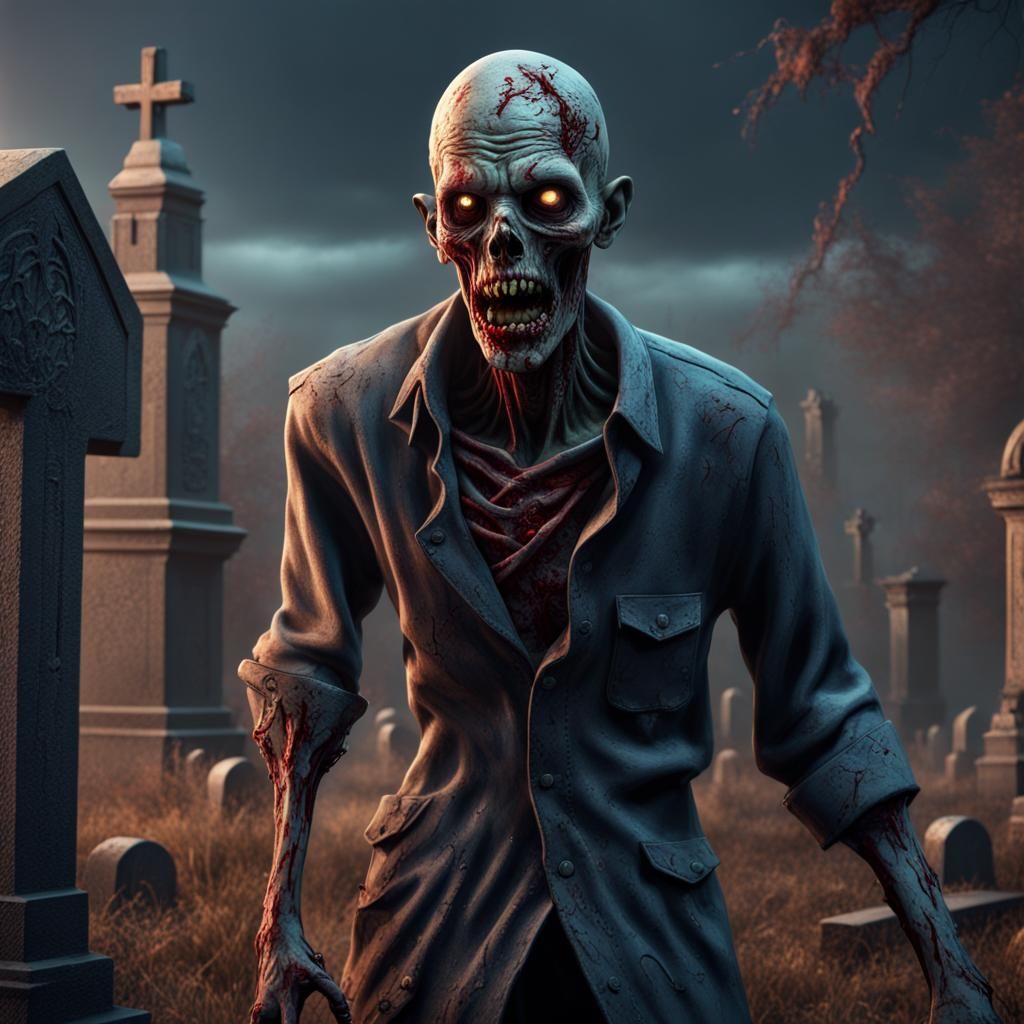 Horror Zombie Emerges in Cemetery: Matte Painting