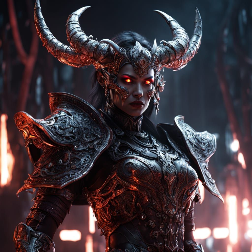 Chrome Demon Queen in Dark Sci-Fi Style