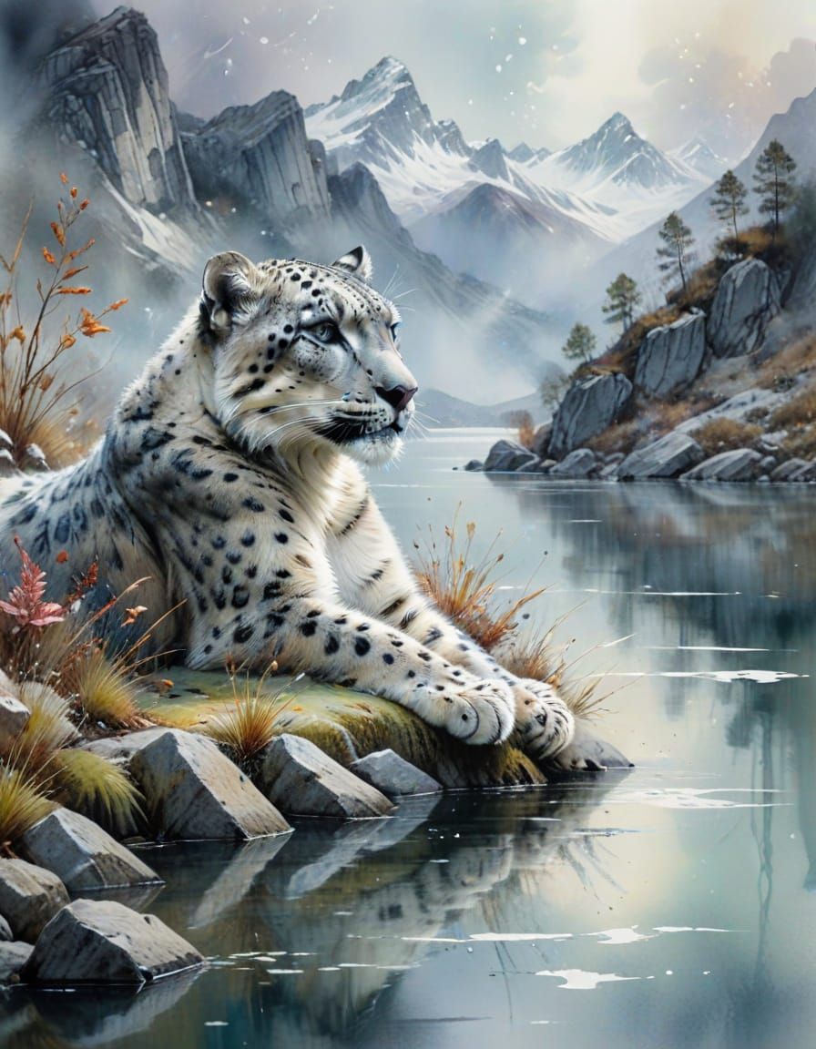 Snow Leopard in Misty Mountains: Watercolour Painting