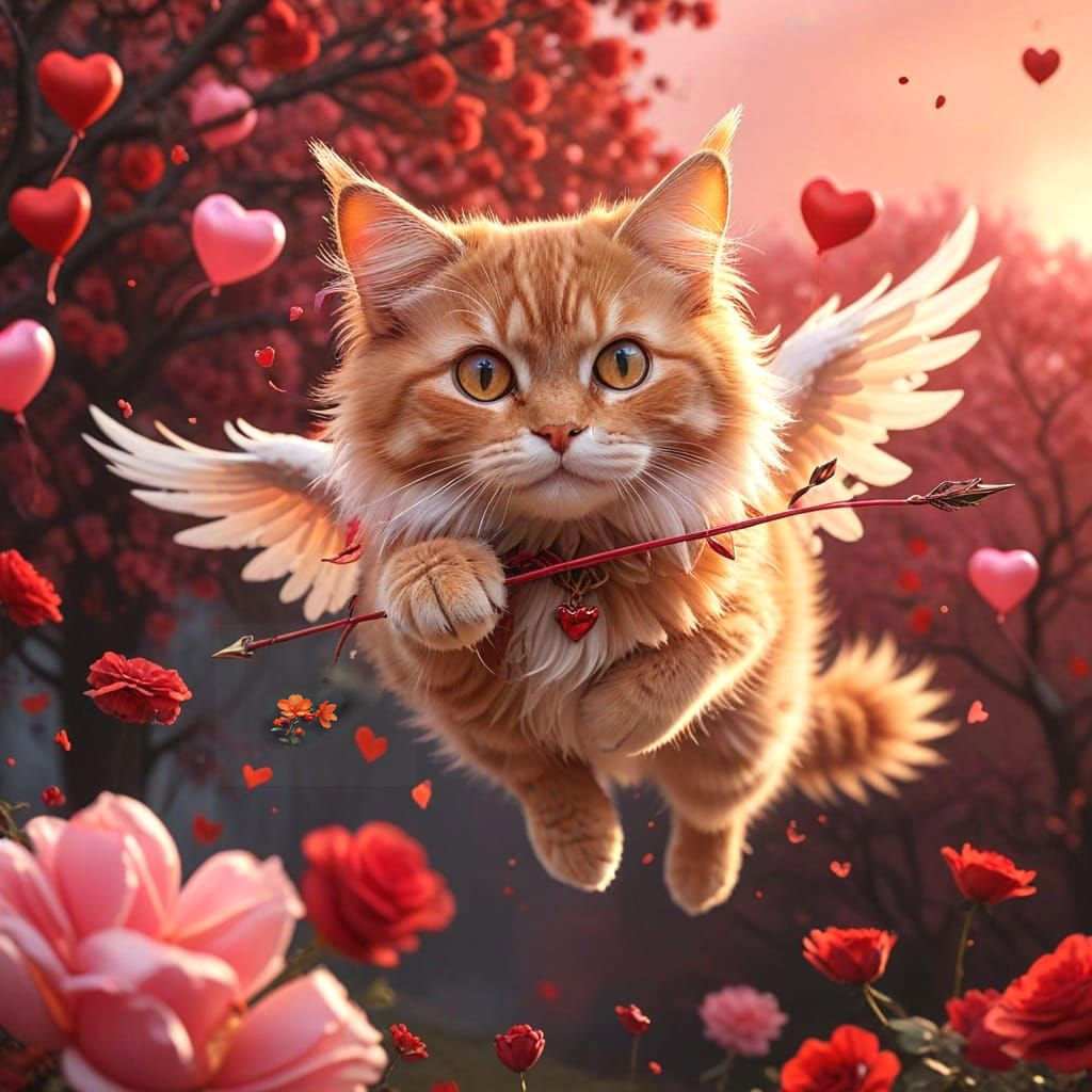 Whimsical Winged Cat Soars Through Romantic Sky