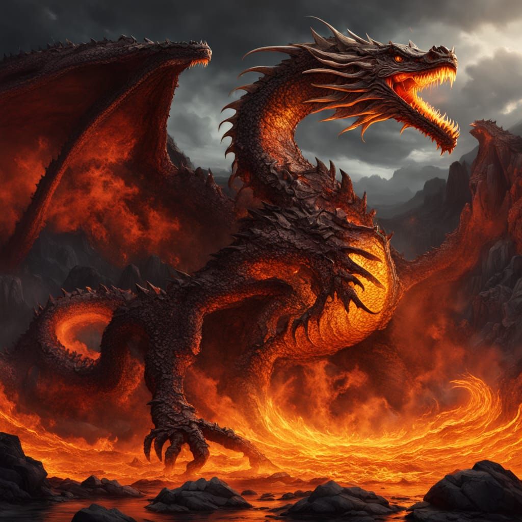 Ancient Gold Dragon Coiled Around Volcanic Peak