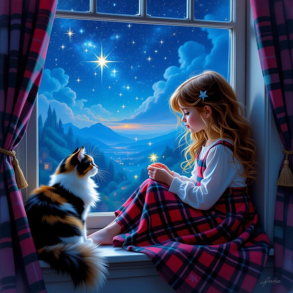 Girl Counting Stars with Cat on Windowsill
