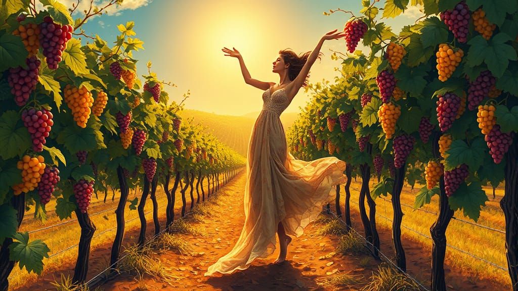 Ethereal Vineyard Dance in Whimsical Artistic Style